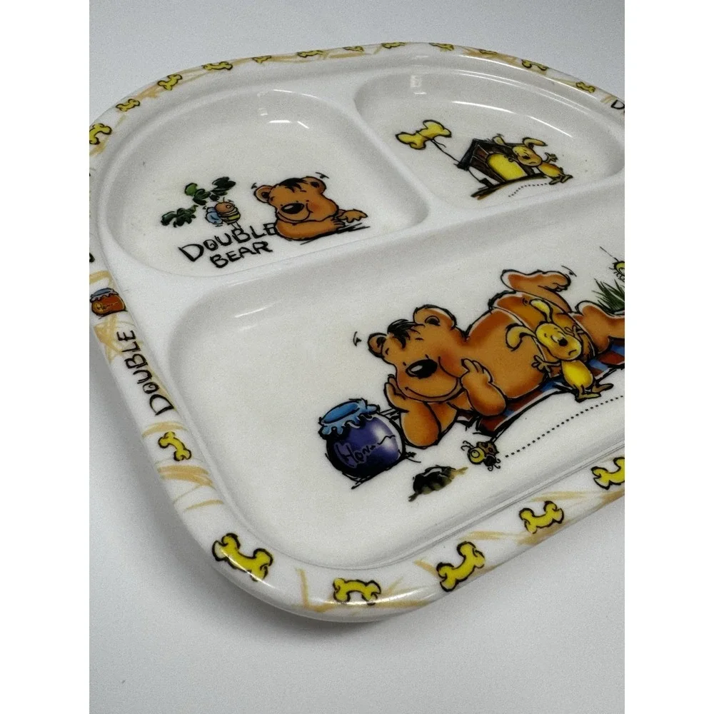 Vintage Melamine Ware Divided Children's Plate Double Bear 9.5